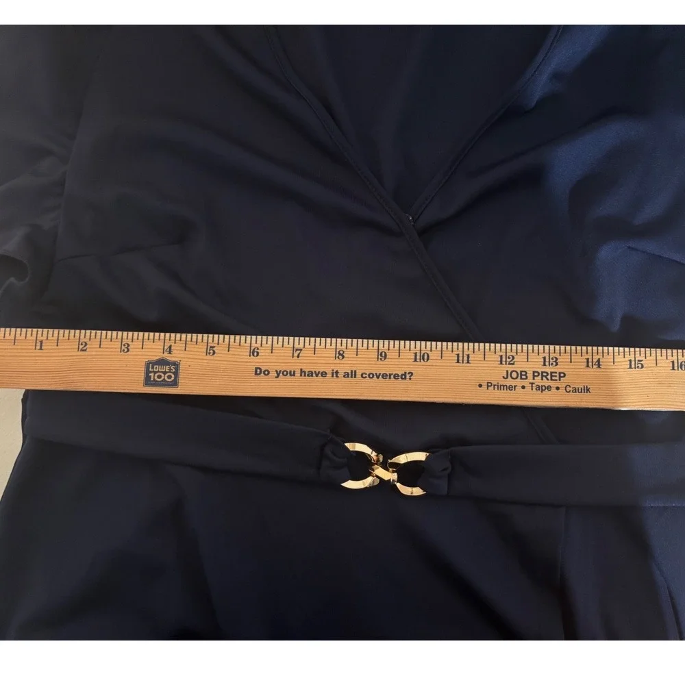 Midi Wrap Dress Women 1XL Navy Blue Good High-Low Ruffle Sleeve Gold Buckle NWOT